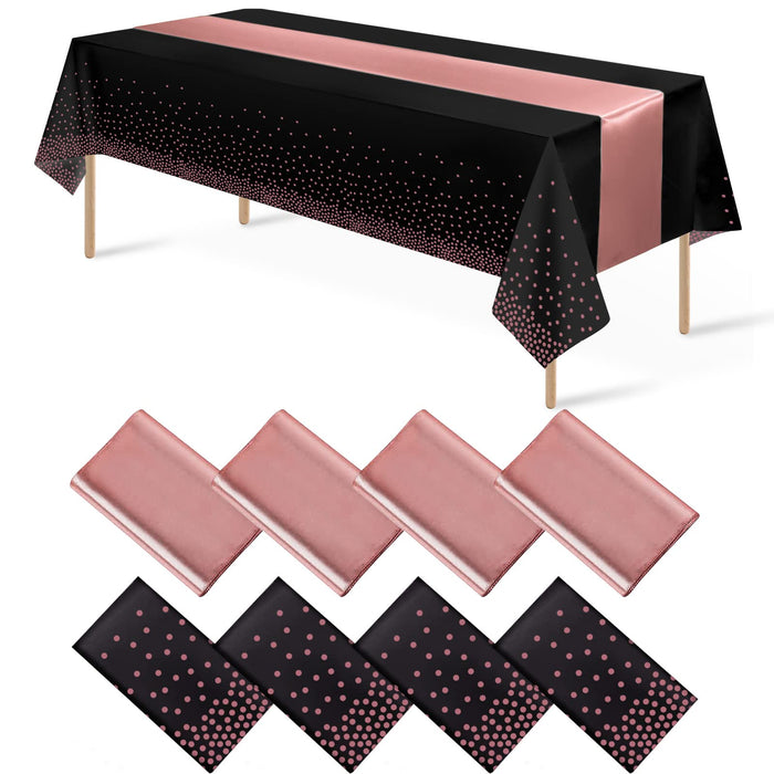 8Pack Disposable Plastic Tablecloths and Satin Table Runner Set Black and Rose Gold Dot Tablecloth Gold Satin Table Runner for Wedding Birthday Baby Shower Anniversary Christmas New Year Party Supply