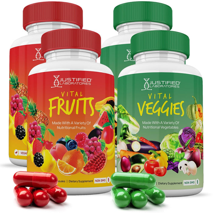 (4 Pack) Vital Fruits and Veggies Supplement Whole Food Red & Green Superfoods Non GMO Vegan Friendly 360 Veggies Capsules 4 Bottles