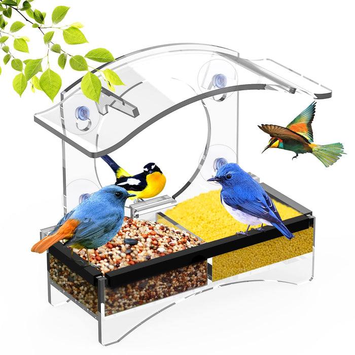 Window Bird Feeders for Outside with Strong Suction Cups Home Bird Feeder, Transparent Bird House Cat Kids and Elderly Viewing Bird Feeder for Window Perch (Polyurethane)