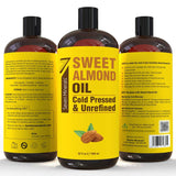 Seven Minerals, Pure Cold Pressed Sweet Almond Oil - Big 32 fl oz Bottle - Unrefined &100% Natural - For Skin & Hair, with No Added Ingredients - Perfect Carrier Oil for Essential Oils