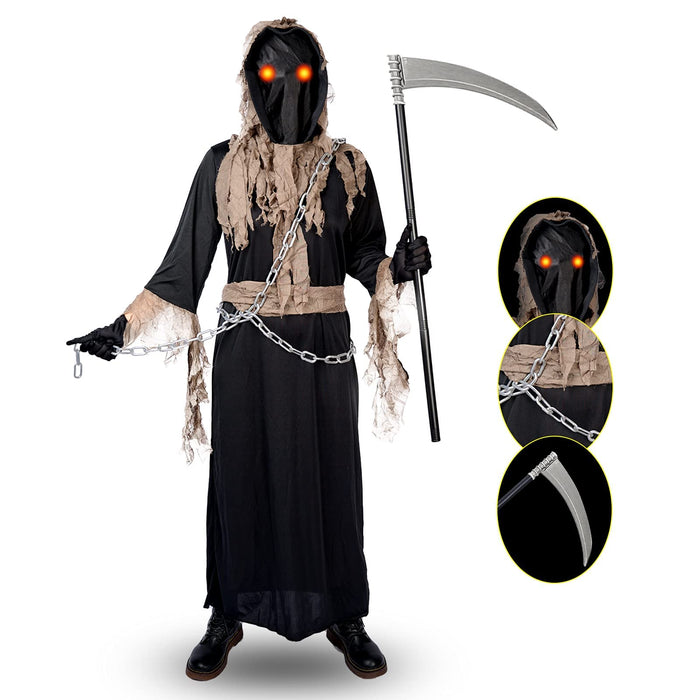 Grim Reaper Costume for Adults Halloween Costume with Glowing Red Eyes,Scythe Included （Brown Grey）