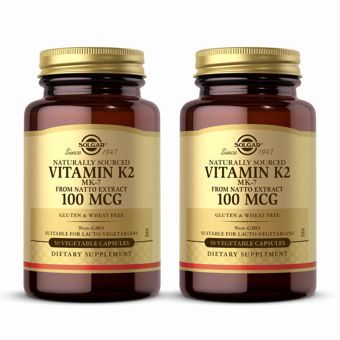 SOLGAR Naturally Sourced Vitamin K2 (MK-7) 100 mcg - 50 Vegetable Capsules, Pack of 2 - Whole Food Source from Natto Extract - Non-GMO, Gluten Free - 100 Total Servings