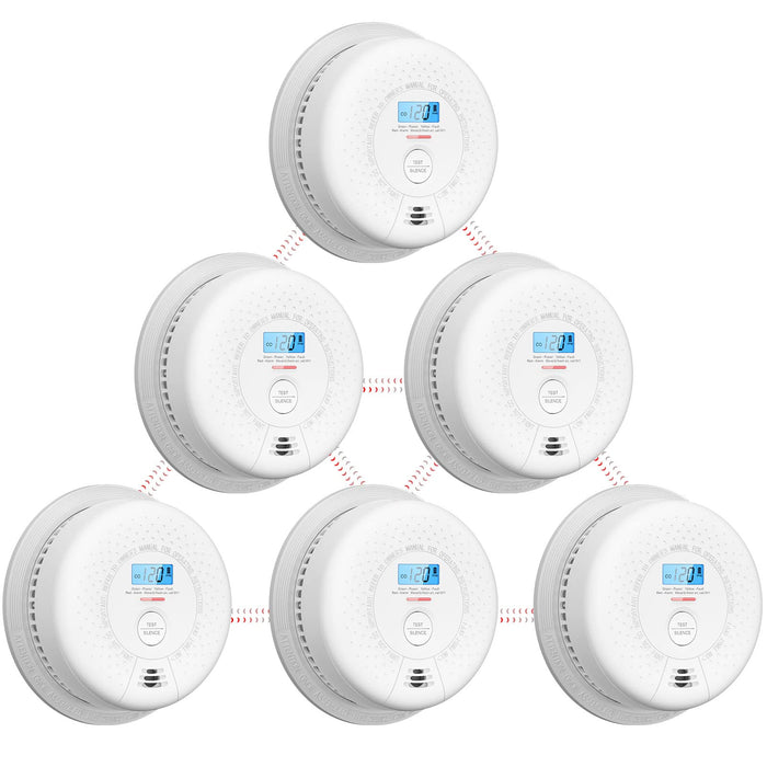 X-Sense Smoke and Carbon Monoxide Detector Combo, Wireless Interconnected Combination Smoke and Carbon Monoxide Detector with LCD Display & 10-Year Battery, RF Interconnected Model, 6-Pack