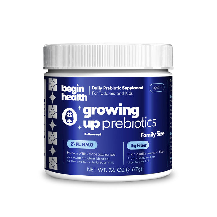 Begin Health Daily Growing Up Prebiotics Family Size - Kids & Toddler Digestion Powder, for Constipation | Softens Stool for Easy Pooping | Fiber Rich, Tasteless & Textureless (56 Servings)