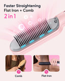 Wavytalk Ionic Hair Straightener Brush, Hair Straightening Comb with Negative Ions, Anti-Scald Ceramic Flat Iron Comb Fast Heating for Home Salon, Dual Voltage Pink.