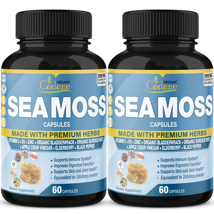 2 Packs Organic Irish Sea Moss Powder Capsules 2850mg & VitaminC, D3, Zin.C, Bladderwrack, Burdock Root, Apple Cider, Elderberry, Pepper - Supports Immune System & Overall Health