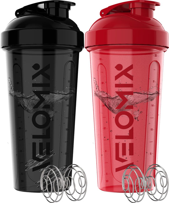 VELOMIX -2 Pack- 28 oz Protein Shaker Bottles for Protein Mixes - 2x Wire Whisk | Leak Proof Shaker Cups for Protein Shakes | Protein Shaker Bottle Pack | Shakers for Protein Shakes - Black&Red