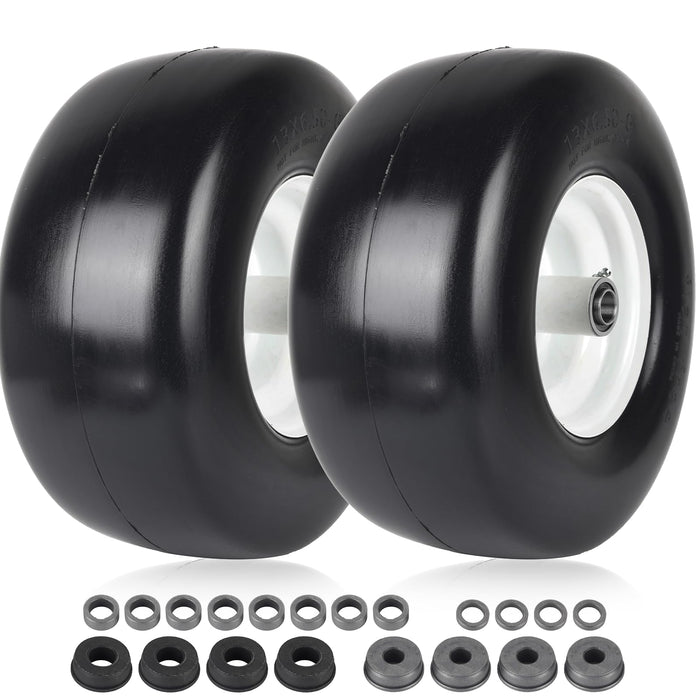AR-PRO (2-Pack) 13x6.50-6 Flat Free Tire and Wheel - Universal 13x6.5-6 Solid Rubbe Riding Lawn Mower Tire with Rim - With 5.5"-7.8” Centered Hub and 3/4" Bearings extra 5/8" 1/2” Bushings