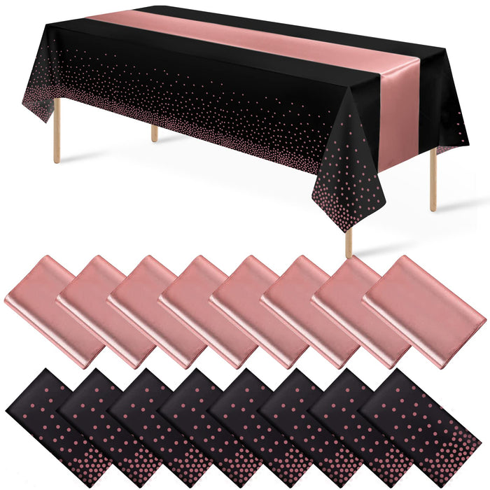 16Pack Disposable Plastic Tablecloths and Satin Table Runner Set Black and Rose Gold Dot Tablecloth Gold Satin Table Runner for Wedding Birthday Baby Shower Anniversary Christmas New Year Party Supply