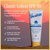 Vacation Classic Sunscreen Lotion SPF 50 3-Pack, Water Resistant Broad Spectrum Sunscreen Sun Block, Vegan Sun Tanning Lotion, Body Lotion with SPF, Travel Size Sunscreen, 3.4 fl. Oz. (Pack of 3)