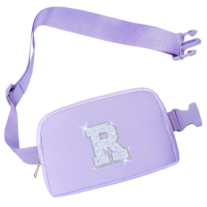 COSHAYSOO Purple Belt Bag Crossbody Initial Fanny Waist Pack Small Cross Body Purse for Teen Girls Dance Sing Cheer Swim Sports Team Match Day Personalized Gift Special Christmas Presents Letter R