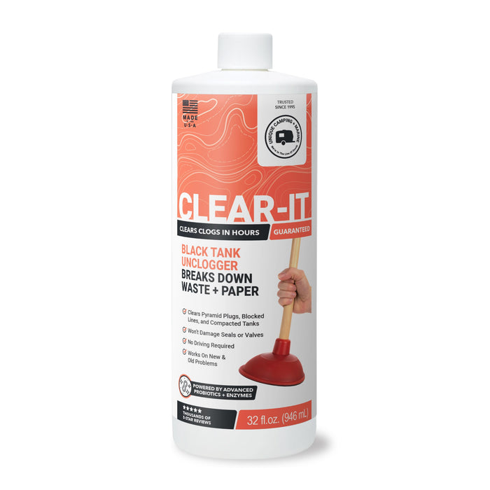 Unique Clear-It RV Black Tank Unclogger Liquid – Breaks Through Pyramid Plugs, Compacted Tanks & Clogged Pipes Without Messy Tools (32 oz) Amazon-Exclusive Packaging