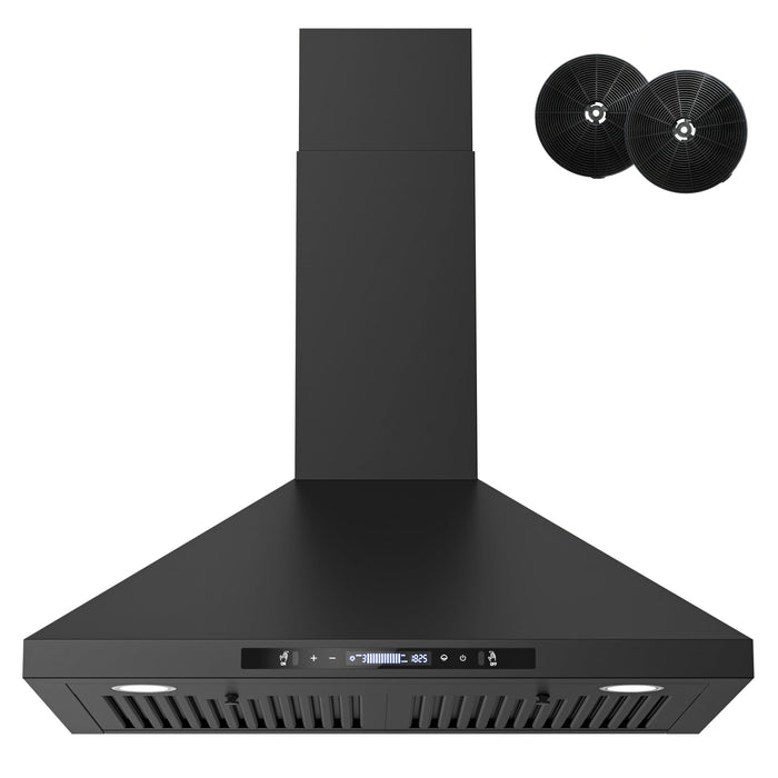FIREGAS Wall Mount Black Range Hood 30 Inch, 900 CFM Ducted Kitchen Hood 3-Speed Exhaust Fan, Gesture/Touch Control, Timer, 2 Baffle Filters, Stainless Steel Stove Vent Hood