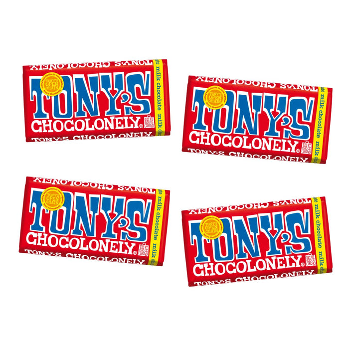 Tony's Chocolonely 32% Classic Milk Chocolate Bar -Rich, Smooth Belgium Chocolate, Perfect Holiday Gift, Chocolate Candy, No Artificial Flavoring, Fairtrade & B Corp Certified - 6.35 Oz, 4 Bars