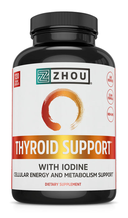 Zhou Thyroid Support Complex with Iodine Supplement, Increase Energy, Fight Brain Fog with Vitamin B12, Iodine, Magnesium, Zinc, Selenium, No Soy, Gluten-Free, 60 Servings, 120 Caps