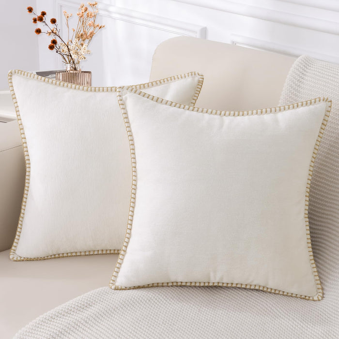 decorUhome Christmas Chenille Soft Throw Pillow Covers 20x20 Set of 2, Farmhouse Velvet Pillow Covers, Decorative Square Pillow Covers with Stitched Edge for Couch Sofa Bed, Cream White