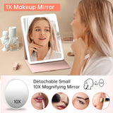 FUNTOUCH 2500mAh Large Rechargeable Travel Makeup Mirror with Lights, Portable Makeup Mirror with 10X Magnifying Mirror 3 Lighting Modes, Tabletop Folding Travel Mirror with PU Leather Cover (Pink)