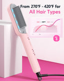 Wavytalk Ionic Hair Straightener Brush, Hair Straightening Comb with Negative Ions, Anti-Scald Ceramic Flat Iron Comb Fast Heating for Home Salon, Dual Voltage Pink.