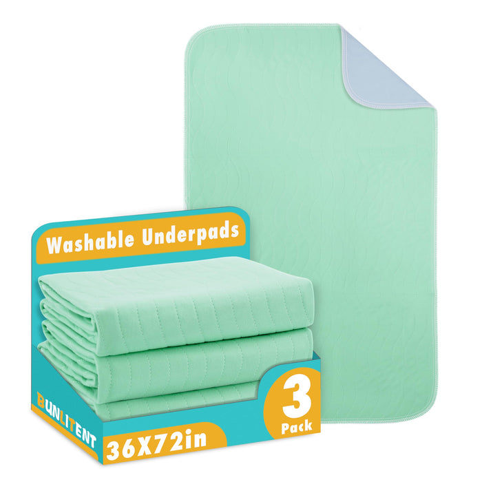 Bunlitent Washable Underpads, 36" x 72", 3 Pack - Heavy Absorbency Reusable Bedwetting Incontinence Pads for Kids, Adults, Elderly, and Pets - Waterproof Protective Pad for Bed, Couch, Sofa, Floor