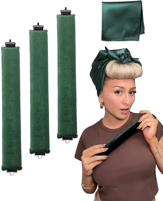 Velvet Heatless Curling Set No Heat Hair Curlers Overnight Curls Blowout Rods Soft Large Hair Rollers to Sleep in, Heatless Curls for Long Hair Blowout Look | Heatless Curling Rod Everglade Green