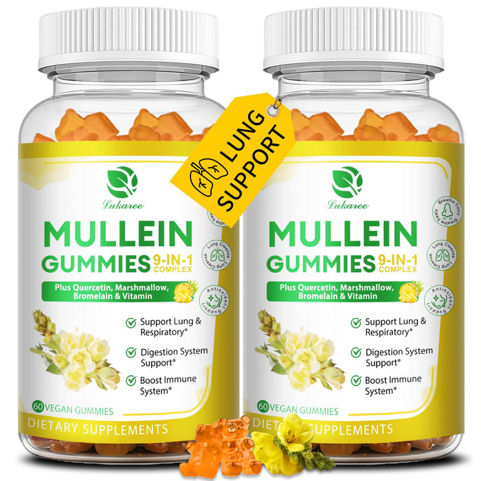 (2 Pack) 9 in 1 Mullein Gummies for Lung Cleanse, Extra Strength 10000 MG(10:1 Extract) Mullein Leaf Extract w/Quercetin, Bromelain, Elderberry & Marshmallow for Respiratory, Immune, Vegan,120 Count