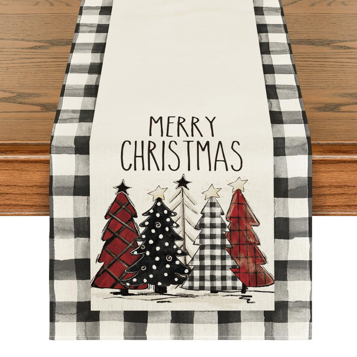 Artoid Mode Waterclor Buffalo Plaid Christmas Trees Merry Xmas Table Runner, Seasonal Winter Holiday Kitchen Dining Table Decoration for Indoor Outdoor Home Party Decor 13 x 90 Inch