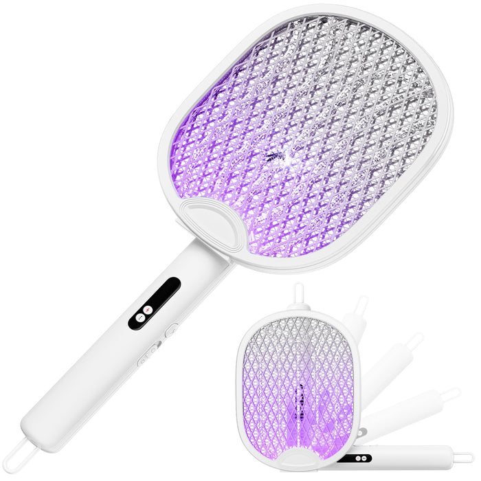 WOCVRYY Electric Fly Swatter 4000V Bug Zapper Racket with 1800mAh Rechargeable Battery 5-Layer Safety Mesh Dual Modes 180° Foldable Ideal for Indoor or Outdoor Use (White)