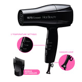 Hot Beauty 1875 Ceramic Hair Dryer, Powerful Fast Drying, Multi-Setting with Comb Attachment, Additional Detangler Included, Slide Bar Switch, Compact for Home & Travel (Black)