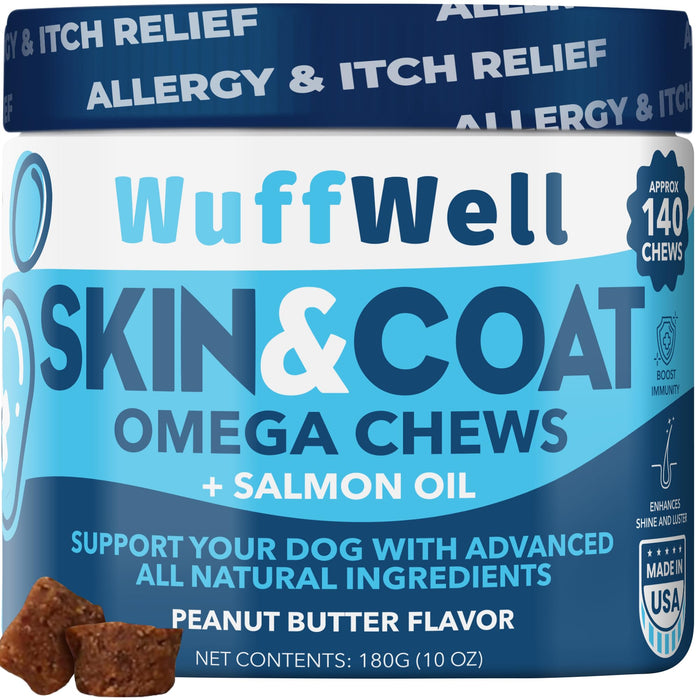 WuffWell - Omega 3 for Dogs with Salmon Oil 140ct - Dog Skin and Coat Supplement - Allergy and Itch Relief - Fish Oil for Dogs Chews - Dog Anti Shedding Supplement - Dry Skin Treatment - Made in USA