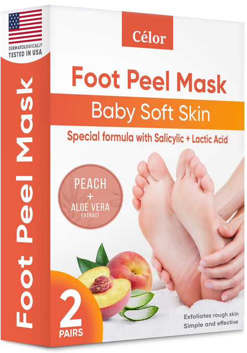 CÉLOR Foot Peeling Mask for Dry Cracked Feet | Foot Mask to Exfoliate Rough, Cracked, Dry Feet, Calluses for Soft Baby Feet Results | Made with Aloe Vera Extract for Women & Men (2 Pairs) | Peach
