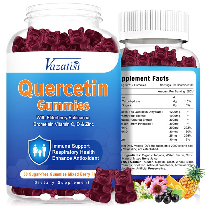 2 Pack Quercetin Gummies with Bromelain, Elderberry, Zinc & Vitamin C, 1200mg Organic Quercetin Supplement Gummies, Echinacea Immune Support for Adults & Kids, Mixed Berry Flavor-120Ct