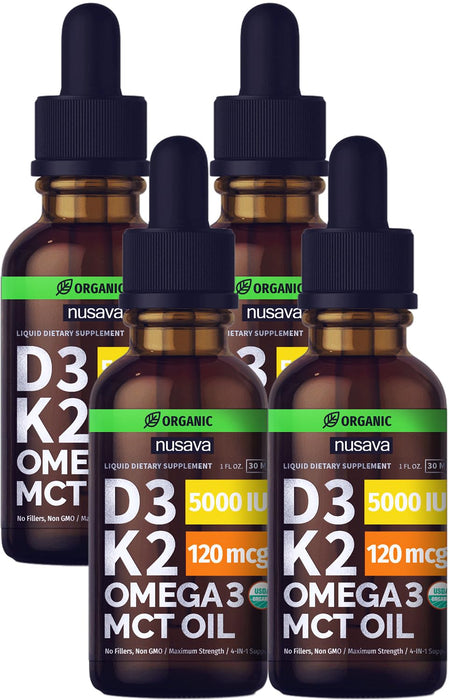 Organic Vitamin D3 + K2 Liquid Drops with MCT Oil – 5,000 IU – 4-Pack, Unflavored – Non-GMO, No Fillers, Fast Absorption