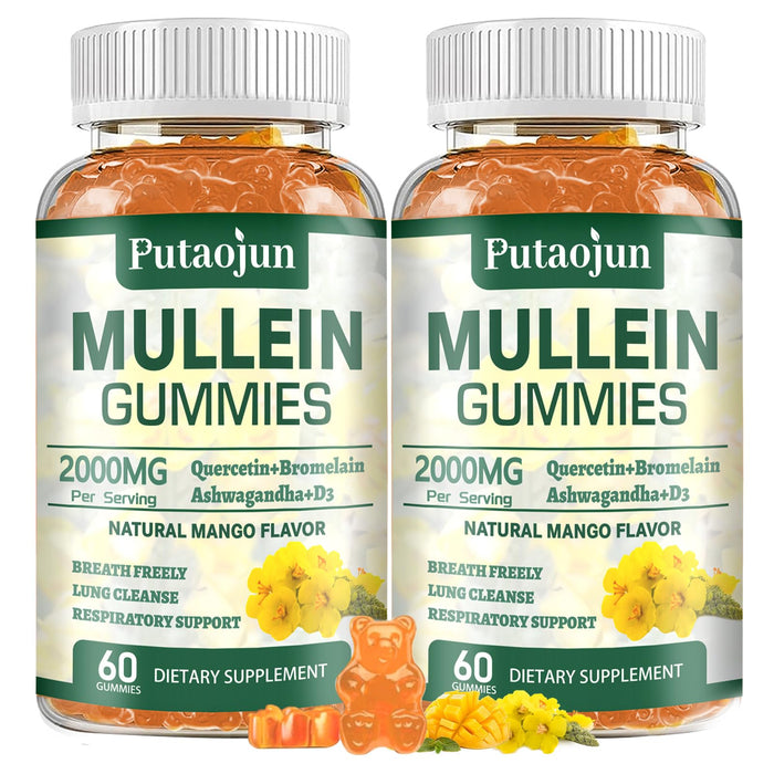 Putaojun 2 Pack Mullein Gummies - 2000mg Mullein Leaf Extract with Bromelain, Quercetin, Ashwagandha - Support Lung Cleanse & Respiratory Function for Healthy Breathing, Vegan- 120 Count