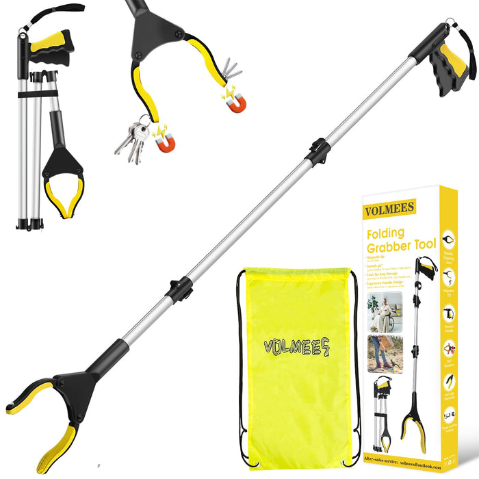 Volmess Grabber Reacher, Grabbers for Elderly Grab It Reaching Tool, Heavy Duty Extra Long 43" Foldable Grabber Reacher,Grabber Tool with Rotating Jaw +Magnets,Grabber Stick, Adjustable Rope