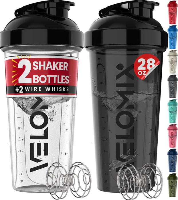 VELOMIX -2 Pack- 28 oz Protein Shaker Bottles for Protein Mixes - 2x Wire Whisk | Leak Proof Shaker Cups for Protein Shakes | Protein Shaker Bottle Pack | Shakers for Protein Shakes-Black&Transparent