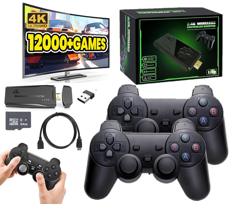 Retro Game Console, Nostalgia Game Stick, Wireless Retro Play, Plug and Play Video Game Stick Built in 12000+ Games, 4K HDMI Output, 9 Classic Emulators, Dual Controllers, Kids & Adult (64GB)