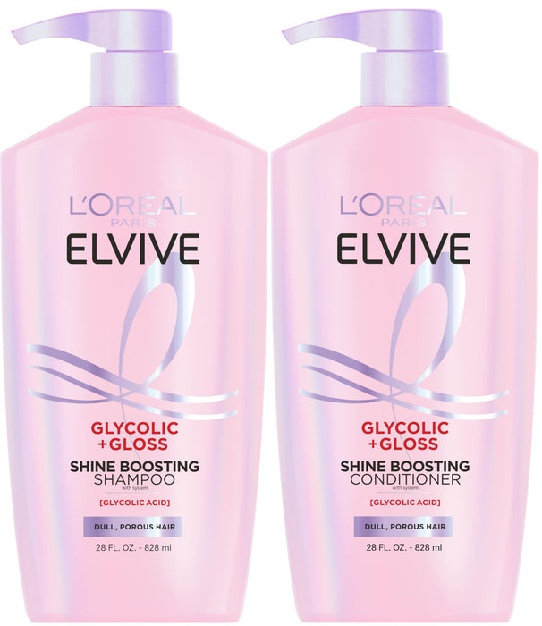 L'Oreal Paris Elvive Glycolic + Gloss Shine Boosting Shampoo and Conditioner Set, Cleanses and Smooths Dull, Porous Hair Into High-Shine, Glossy Hair, 1 Kit
