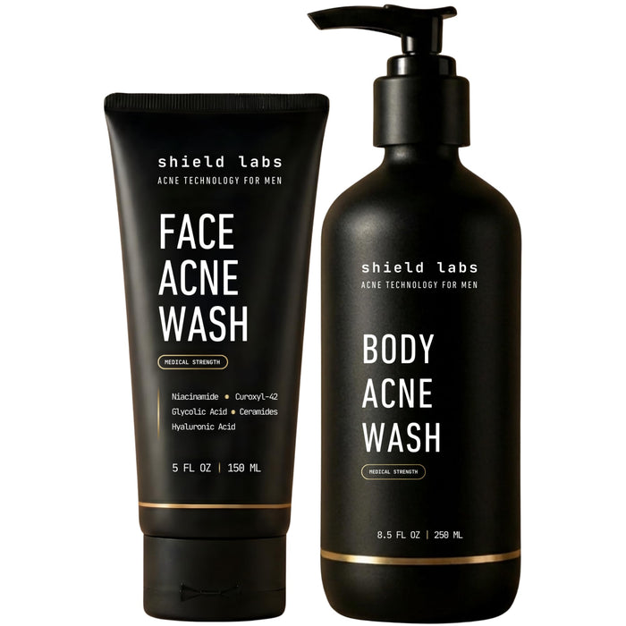 Shield Acne Wash Bundle for Men and Boys – Deep Clean Gel Formula Face Wash and Unscented Back & Chest Cleanser, Clears Acne & Breakouts, 13.6 oz