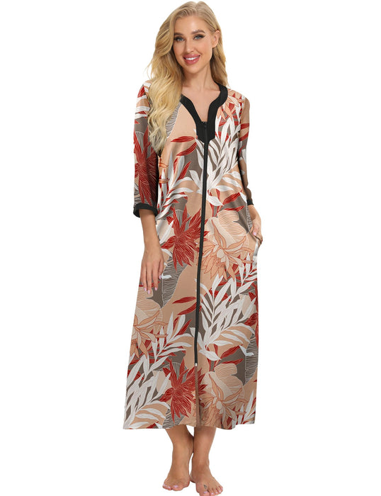 Bloggerlove House Dresses for Elderly Mumu Dresses Women Leopard House Dress V Neck Nightgown Robe Half Sleeve Loungewear Full Length Sleepwear Zipper Duster Housecoat