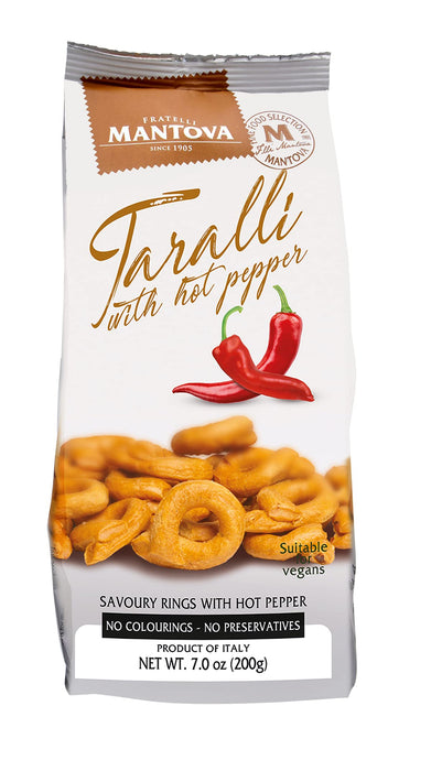 Taralli with Olive Oil and Hot Pepper from Puglia, Italy. (Pack of 2), 7 oz All Natural Ingredients: wheat flour, white wine, olive oil, extra virgin olive oil, salt