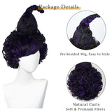 Black Purple Mary Wig for Kids Adults Pre-styled Fluffy Braided Witch Wig Costume Halloween Party Hair Wigs with Braid for Kids with Cap