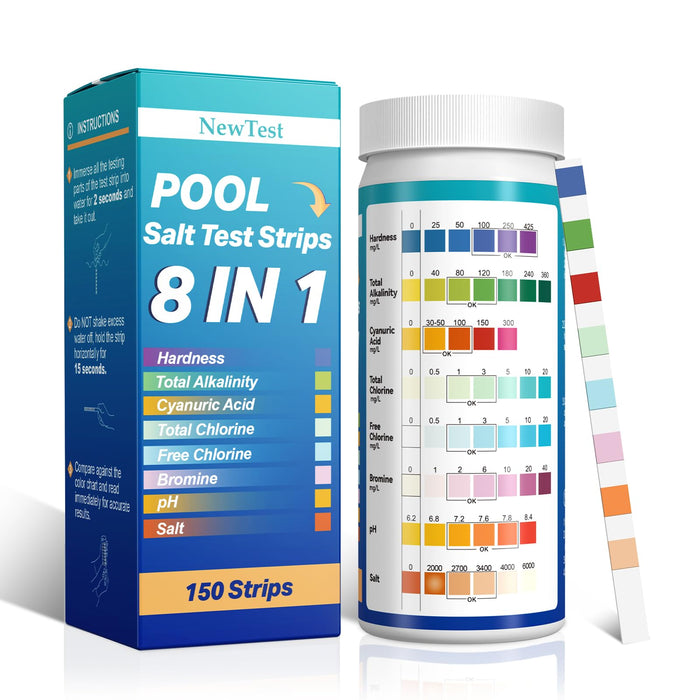 NewTest Pool Salt Test Strips: 150CT 8 in 1 Professional Pool Test Strips for Salt Water Pool & Hot Tub & Spa & Swimming Inground Pools - Quick Accurate Results Saltwater Pool Testing Kit (150)