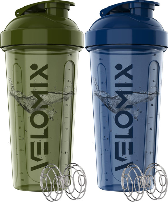 VELOMIX -2 Pack- 28 oz Protein Shaker Bottles for Protein Mixes - 2x Wire Whisk | Leak Proof Shaker Cups for Protein Shakes | Protein Shaker Bottle Pack | Shakers for Protein Shakes-Green&Blue