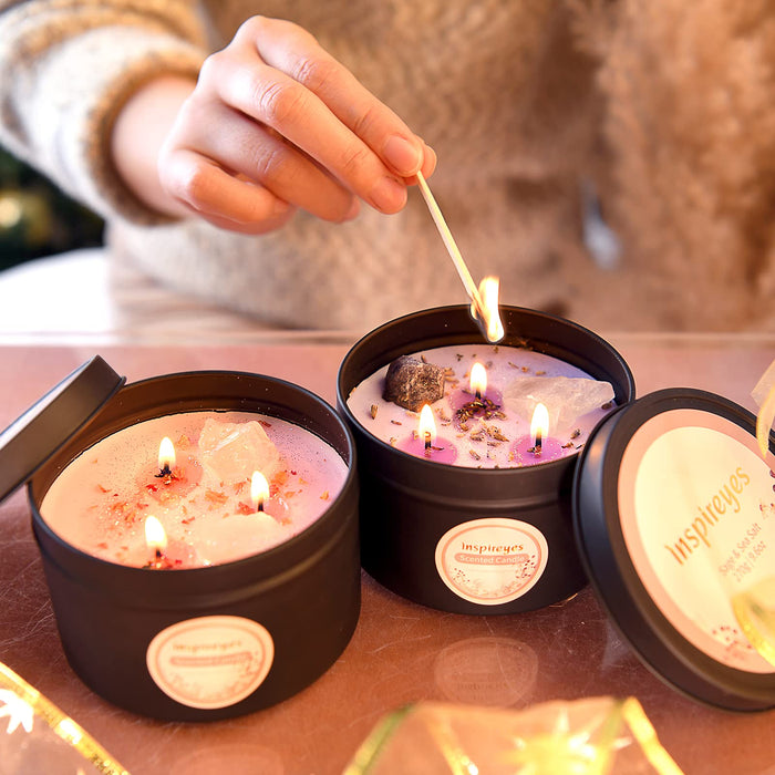 Inspireyes Scented Candle Set with Crystal, 19 oz 3 Wick Candle, Manifestation Candle with Large Energy Stones, Large Tin of Soy Aromatherapy Meditation Candles, Spiritual Gifts for Women