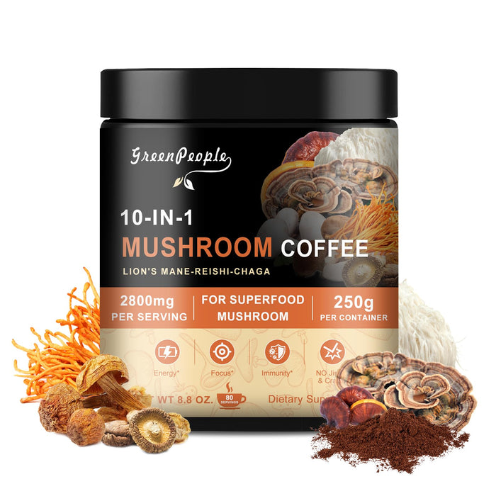 GREENPEOPLE 10 in 1 Mushroom Coffee | Premium Arabica Instant Coffee with Lion’s Mane, Reishi, Turkey Tail & More | Mushroom Coffee Alternative for Energy, Focus & Immune Support | 8.8 Oz