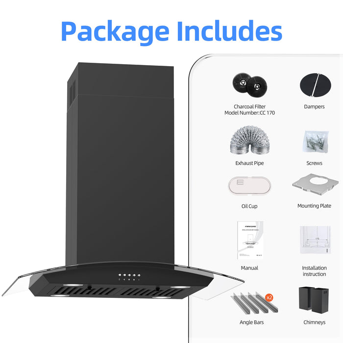 FIREGAS Black Island Mount Range Hood 30 inch with 700 CFM, Ceiling Mount Kitchen Vent Hood Ducted/Ductless Convertible, 4 LED Lights, 3 Speed Exhaust Fan, 2 charcoal fiters, Black