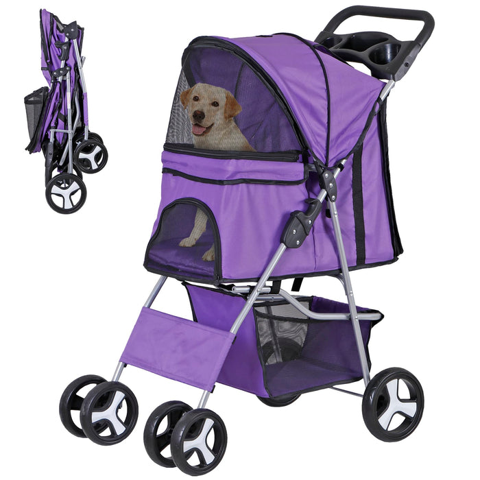 Epetlover 4 Wheels Dog Stroller Folding Pet Strolling Cart for Small Medium Cats Puppies Portable Jogger Travel Camping Puppy Carrier with Storage Basket Cup Holder, Purple