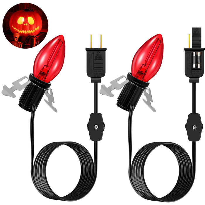 Enhon 2 Pack Accessory Cord with 1 LED Light Bulb, Blow Mold Light with C7 Lamp, Black Cord with On/Off Switch Plug, Christmas Village Light for Holiday Indoor Decor Craft Projects (Red)