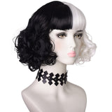 morvally Black and White Wig with Necklace for Women Girls Halloween Party Short Curly Bob Synthetic wigs with bangs for Costume Cosplay Events including Choker