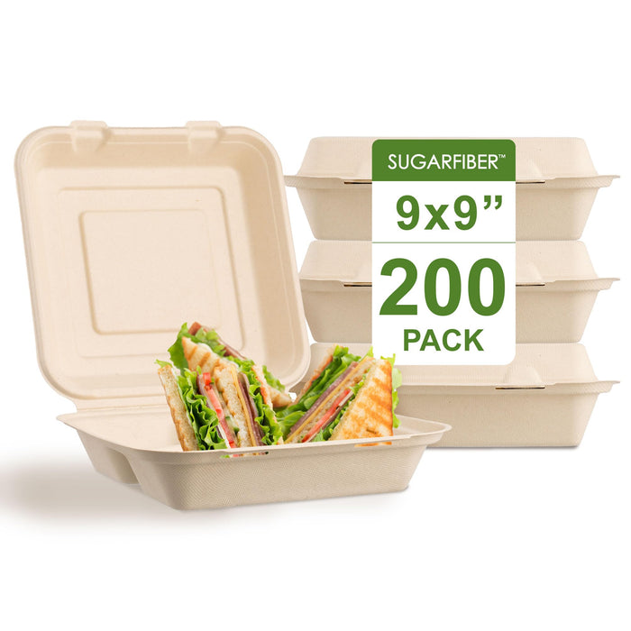 [200 COUNT]Sugarfiber by Harvest Pack 9 X 9" Compostable Clamshell Food Containers, 3 Compartment Clamshell Heavy-Duty Hinged Container, Disposable Bagasse Eco-Friendly Natural Takeout to go Box